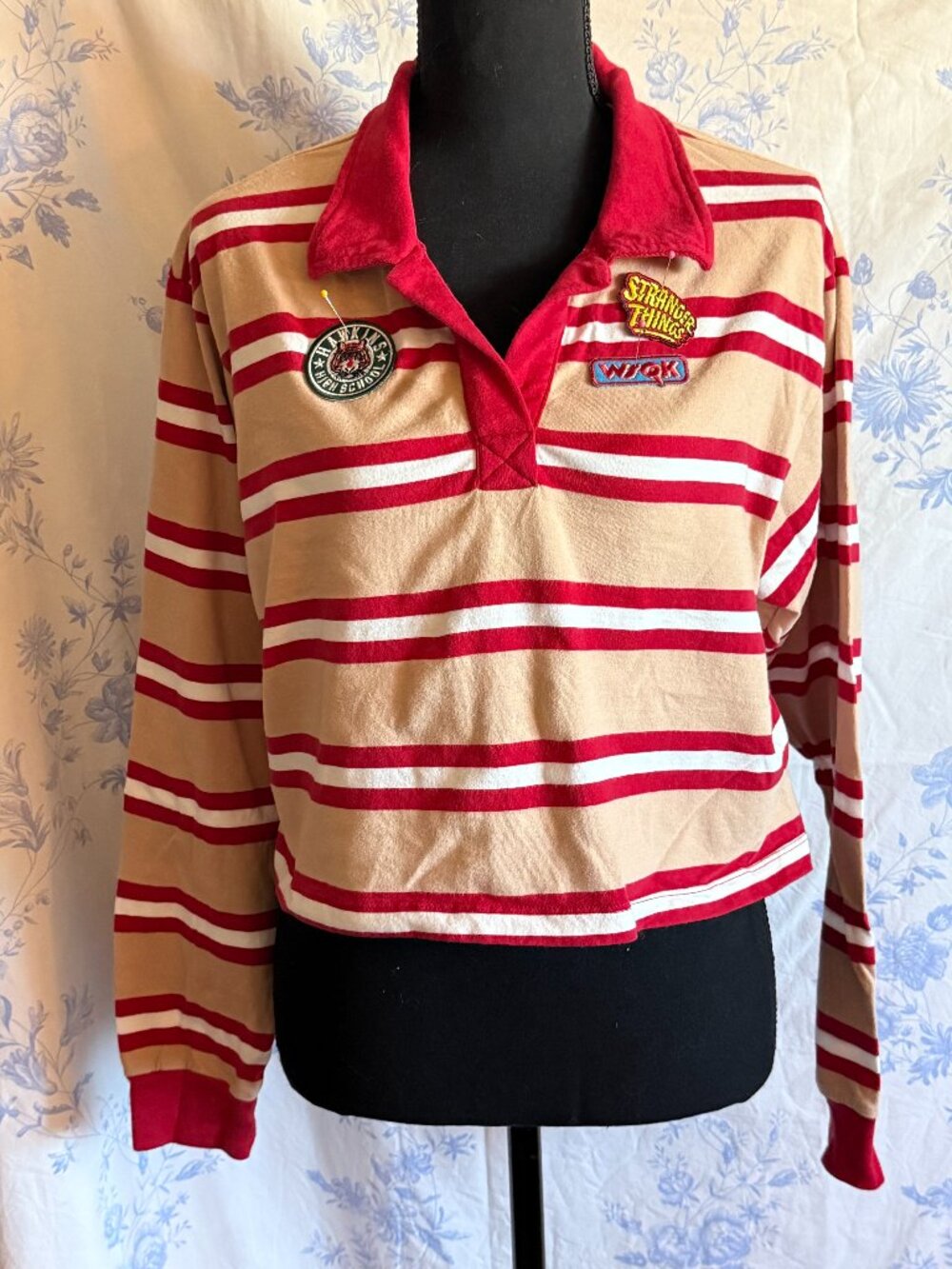 Stranger Things x Netflix Long Sleeve Striped Cropped Polo Shirt with Patches